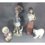Four various Lladro porcelain figure groups including 'Bashful Girl With Straw Hat' No. 5007, a