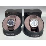 Two gents Citizen Eco-Drives, one with white dial, batons denoting hours, three subsidiary dials and
