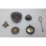 Silver including a top hat, embossed pin dish, fob watch casing, teaspoon and rattle handle, gross