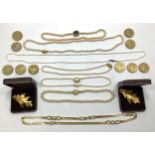 A selection of costume jewellery, including a Monet yellow metal necklace with pink stone, a