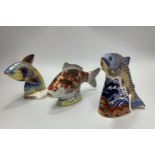 Three Royal Crown Derby paperweights, 'Koi Carp', limited edition number 18/2500, 'Guppy Fish',