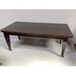 A Victorian stained oak Library table with cantered corners, square tapered supports on brass