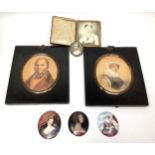 A collection of seven assorted portrait miniatures including a pair of oval watercolour and