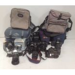 Seventeen various cameras including Pentax MZ-7, Olympus SP-500UZ, Canon EOS 500, Vivitar 3800N,
