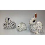 Three Royal Crown Derby paperweights, 'Snowy Rabbit' and 25th Anniversary Rabbits, 'Platinum and