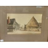 F. Muriel Brinkworth, 'The Tithe Barn, Lacock, Wilts,' with Tudor buildings, signed, watercolour