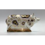 A Royal Crown Derby paperweight, 'Spotty Pig', with printed marks to base and gold stopper,