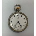 A white metal cased, open-face Omega pocket watch, the white enamel dial with Arabic numerals