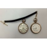 Two gold-plated open-face pocket watches by Waltham, one with white enamel dial, Arabic numerals