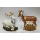 Two Royal Crown Derby paperweights, 'The White Hart Heraldic Stag', limited edition 1223/2000 and '