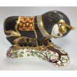 A Royal Crown Derby paperweight, 'Grecian Bull', with printed marks to base and gold stopper,