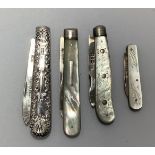 Four various silver-bladed folding fruit knives, three with mother-of-pearl handles and one with