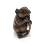 A Japanese Meji period hand carved boxwood netsuke of a rat biting its tail, signed to base with