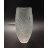 A French Lalique clear and frosted glass vase, of slender ovoid form, with flowers, 18cm high