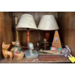Various collectables including a metronome, folding music stand, Pelham puppet, two wooden lamps,