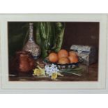 J. Chase, still-life study of Imari porcelain vase, copper pot, oranges, wine glass and silver