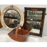 A circular mirror with plaster rope twist frame 60cm diameter (af), together with a rectangular