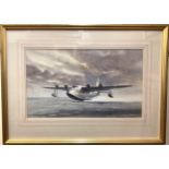 Terry Harrison, seascape study with flying boat 'OQZB' taking off on the water, signed, watercolour,