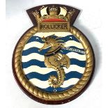 A large painted aluminium ship's crest for HMS Rollicker, mounted on wooden plaque, 47cm. HMS