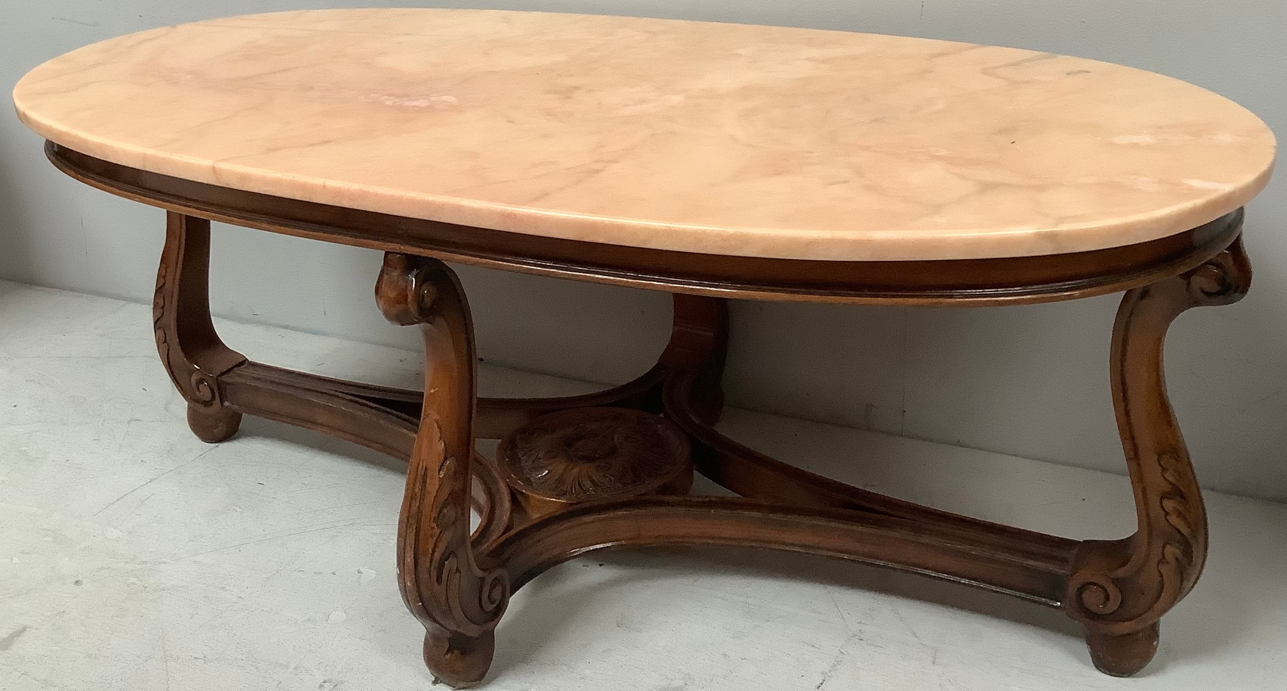 A pair of heavy oval salmon pink marble topped coffee tables, (From 'The Queen's Hotel, Southsea), - Image 3 of 7