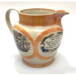A Sunderland 'orange' lustre jug printed with fully-rigged ships, verse and 'Jack's Safe Return,' (