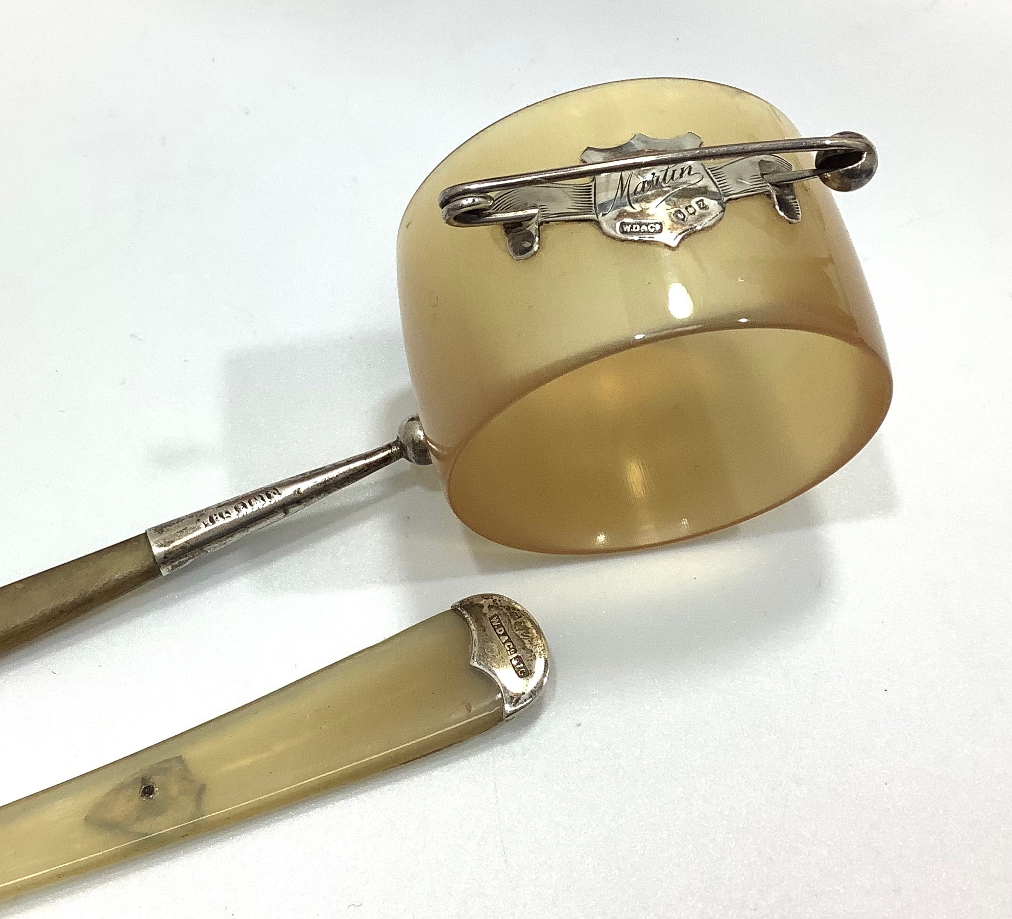 A hallmarked silver mounted four piece bone christening set by WD & Co, together with an amber and - Image 2 of 2