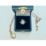 A 9ct gold oval cameo ring, depicting white cat on blue ground, weighing 1.8 grams, together with
