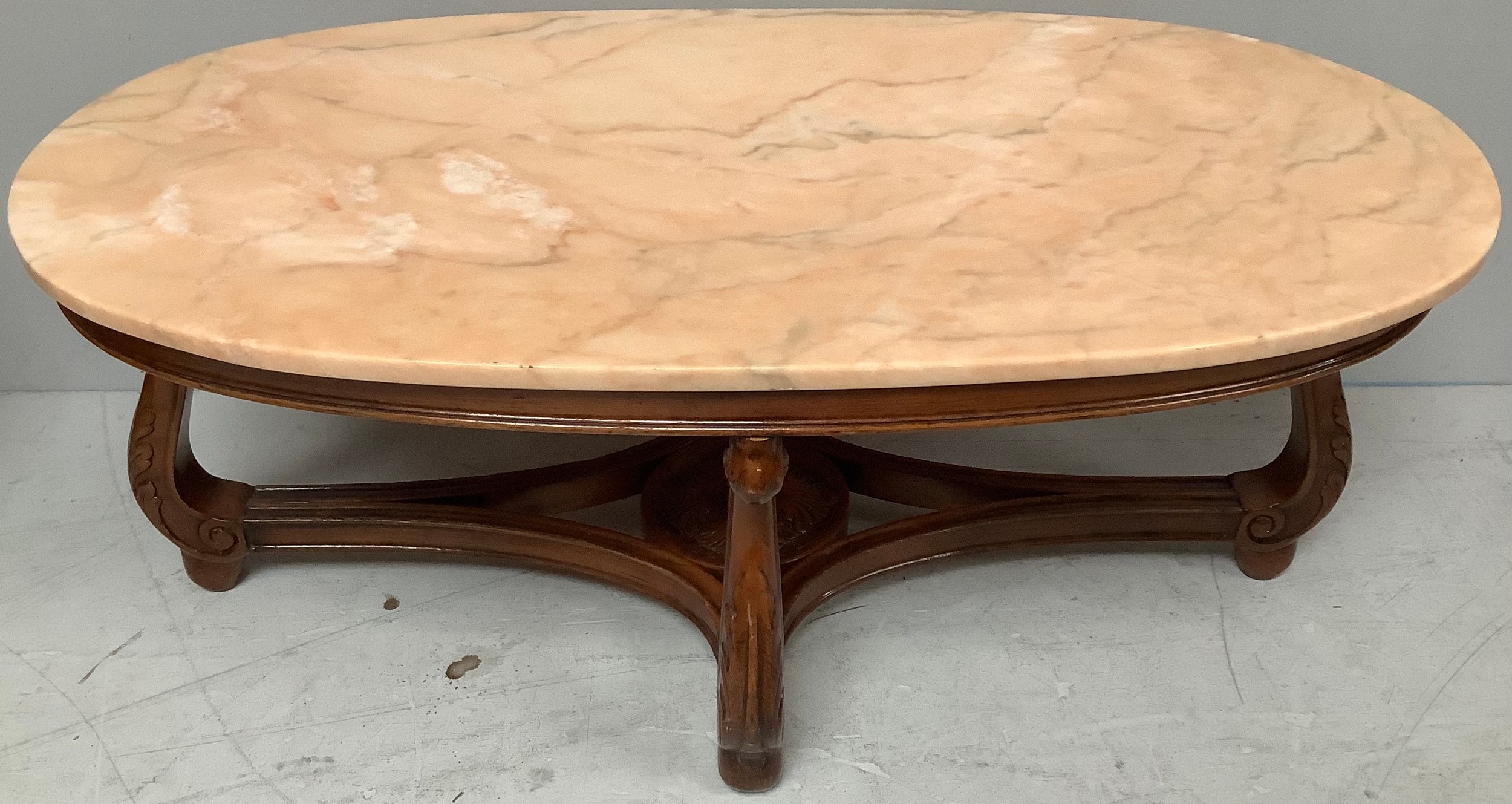 A pair of heavy oval salmon pink marble topped coffee tables, (From 'The Queen's Hotel, Southsea), - Image 2 of 7