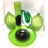 A heavy green glass vase signed 'Patr 98' to base, together with a pair of green and white opaque