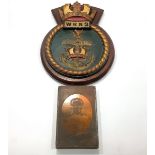 A metal ships crest / badge for WRNS (Womens Royal Naval Service) mounted on wooden plaque, together