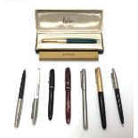 Eight various pens including a boxed marbled Conway Stuart fountain pen with 14ct gold nib, a Parker