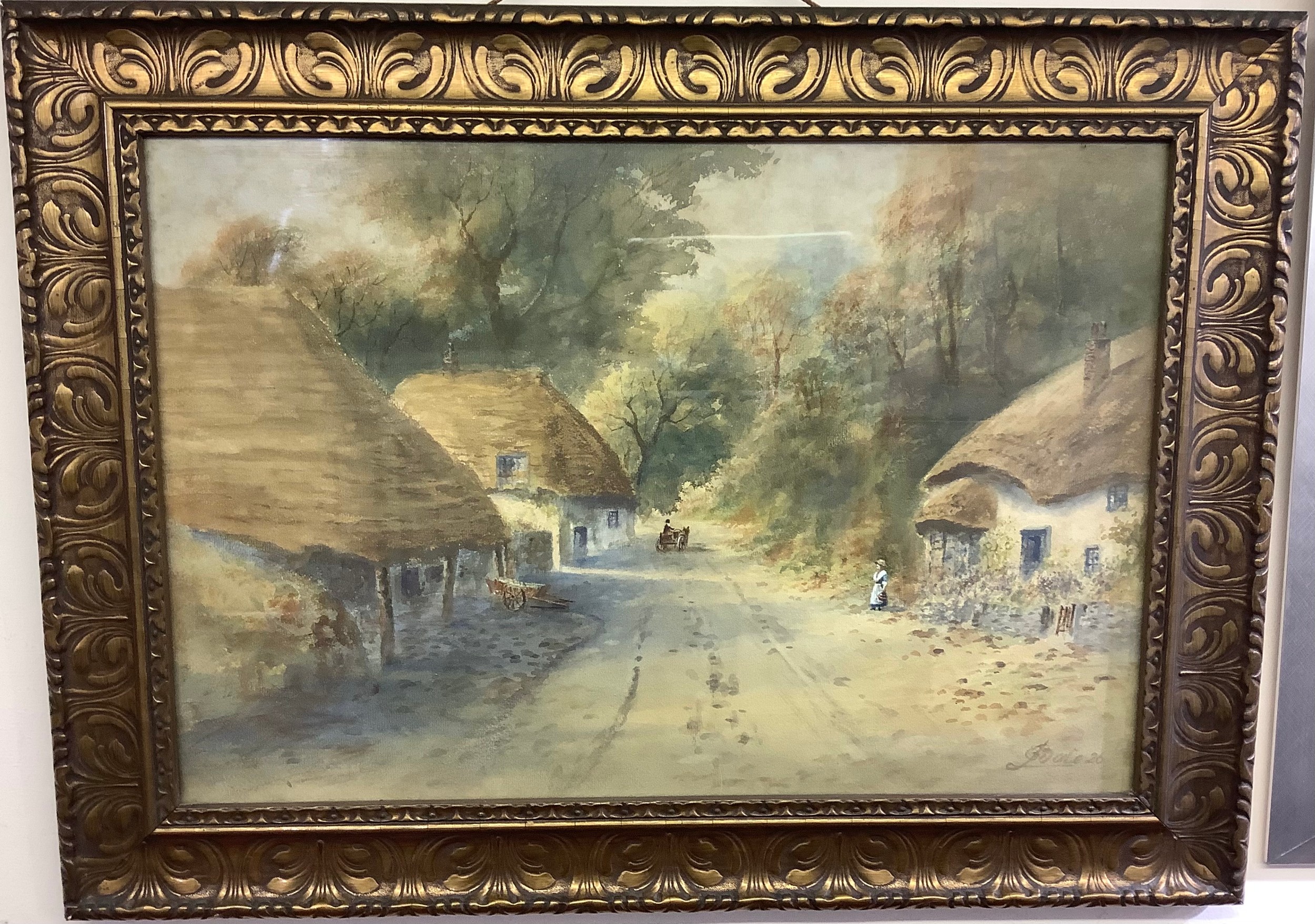 Dale, J, a rural country lane with thatched houses, figures and carts, watercolour, glazed and