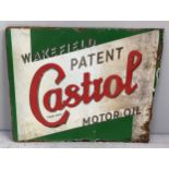 An original enamelled double sided motor advertising sign, Wakefield Patent Castrol Motor Oil,