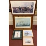 Five assorted military prints including a study of Portsmouth Harbour, 'Quatrebras to Waterloo',