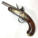 A late 18th/early 19th century 60-bore flintlock pocket pistol, 3.5 inch steel barrel, lockplate