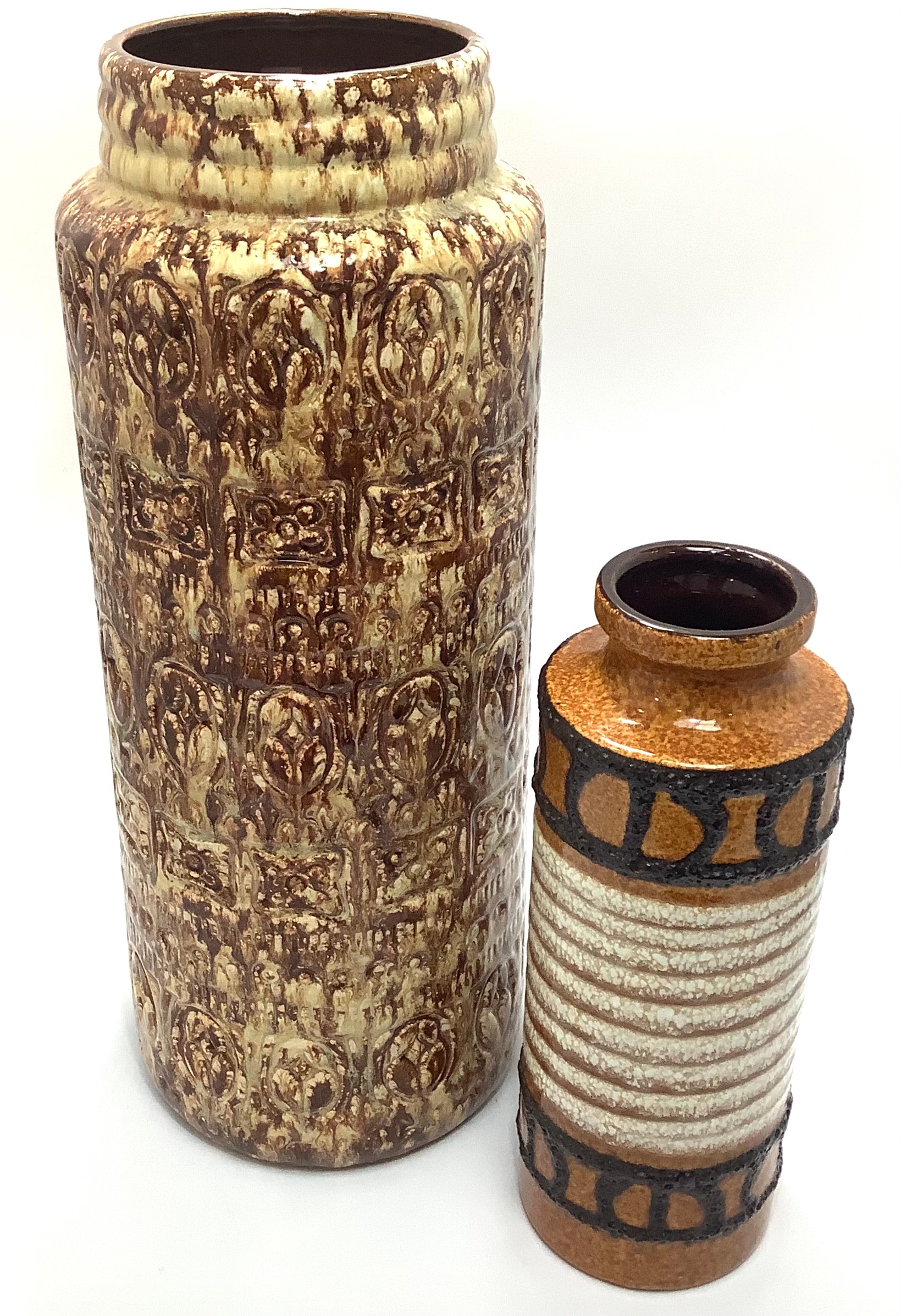Two West German pottery vases in brown glazes, largest measures 41cm tall