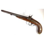 An early 19th century 37-bore double-barrel percussion pistol, 10-inch twist barrels with gilt