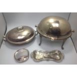 Various silver-plated items including an oval bain marie, an oval tureen and cover, pen stand, two