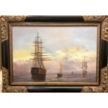 A seascape study depicting a two deck ship and a rowing boat in still waters, indistinctly signed,