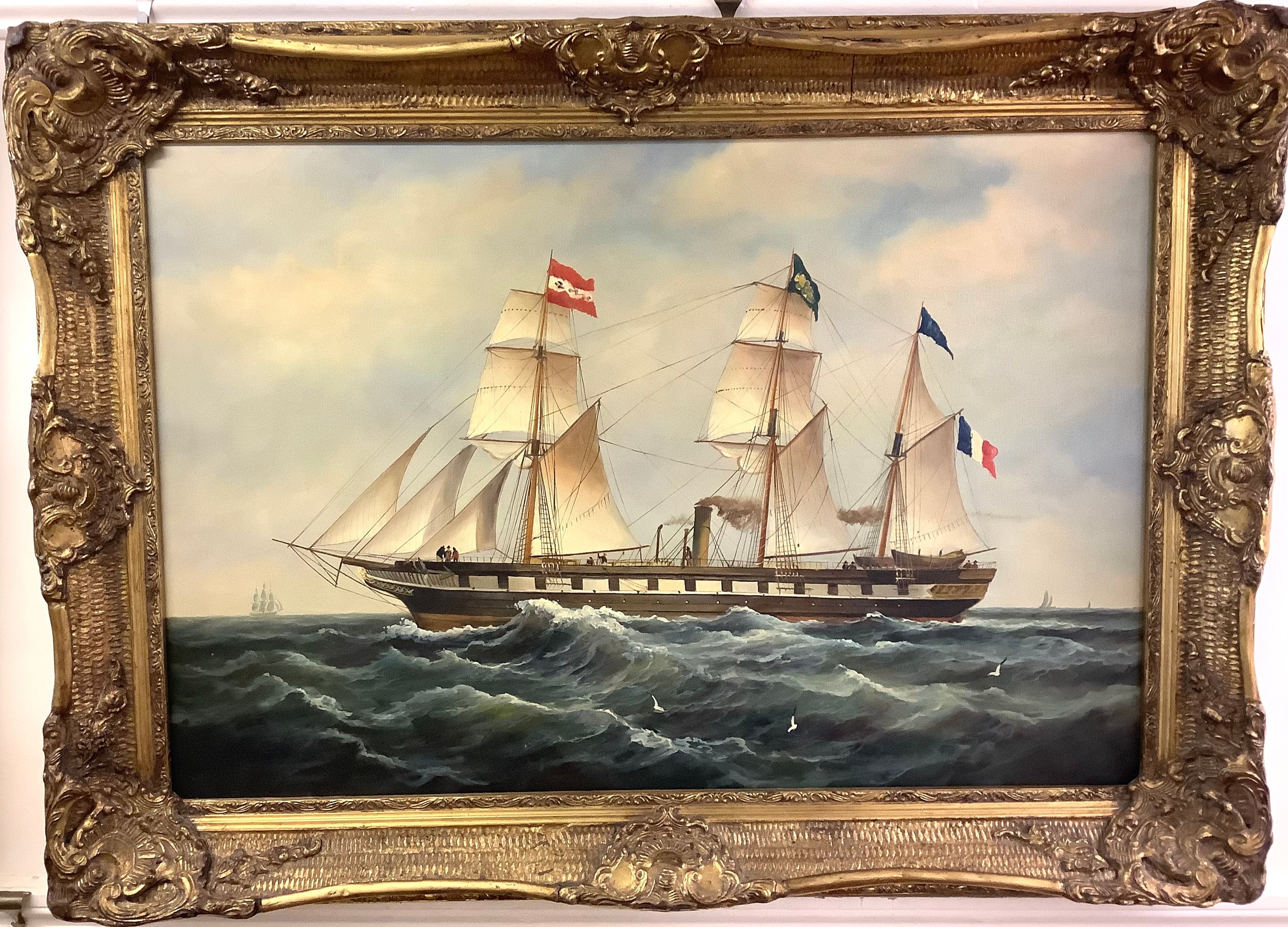 20th Century School. A mid 19th century French single-gun-deck steam-sail ship in choppy waters,