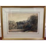 Country landscape study with river running through a forest, unsigned, watercolour, mounted,