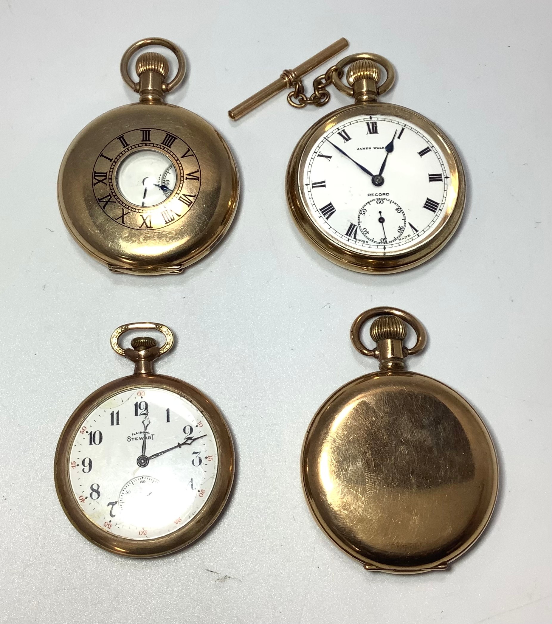 Four assorted yellow metal cased pocket watches comprising a full-hunter, with white enamel dial,