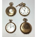 Four assorted yellow metal cased pocket watches comprising a full-hunter, with white enamel dial,