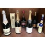 A small collection of assorted champagnes and spirits including a 1955 Vintage Extra Quality Very