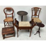 An Edwardian mahogany piano stool, two various standard chairs, leather strapwork footstool,