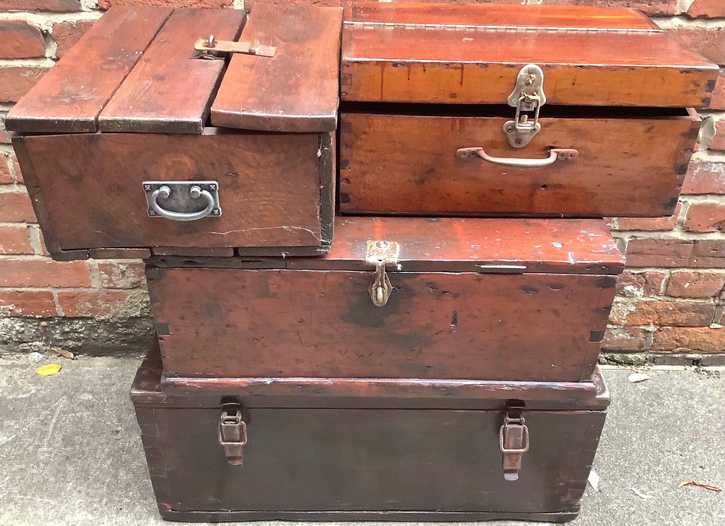 Four various wooden crates/ammunition boxes, largest measures 74cm long