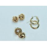 Two pairs of 9ct yellow gold knot shaped earrings and one pair of 9ct yellow gold hoop earrings,