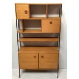 A mid-century modern teak and black metal bookcase, formed of open shelves and cupboards, 178cm tall