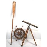 A wooden and metal bound eight-spoke ship's wheel, together with a Blunt & Wray telescope (af),