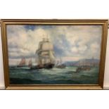 Seascape study with a ship and figures in a rowing boat on choppy waters, with cliffs and